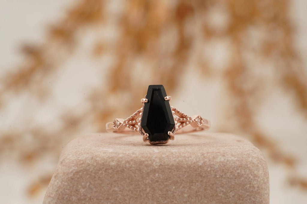 Coffin Shape Black Onyx Engagement Ring Gold Vermeil Ring - MinimalistJewels