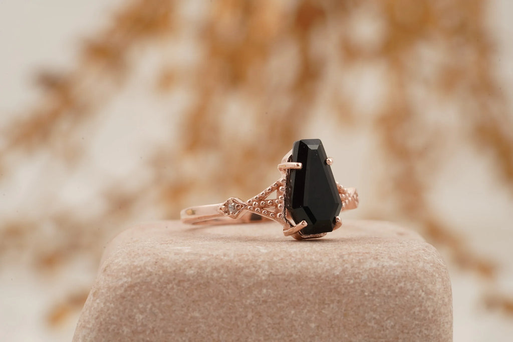 Coffin Shape Black Onyx Engagement Ring Gold Vermeil Ring - MinimalistJewels