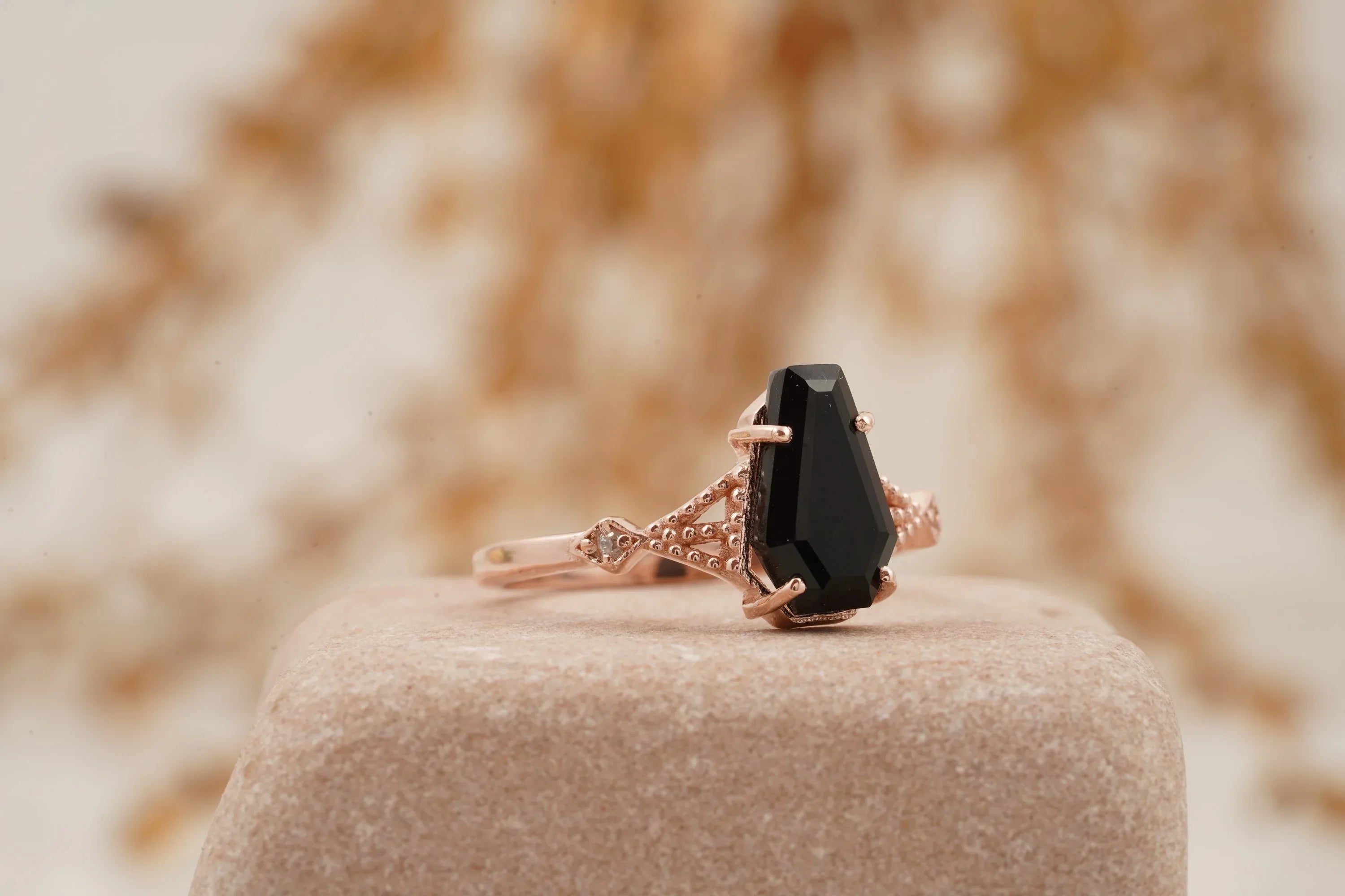 Coffin Shape Black Onyx Engagement Ring Gold Vermeil Ring - MinimalistJewels