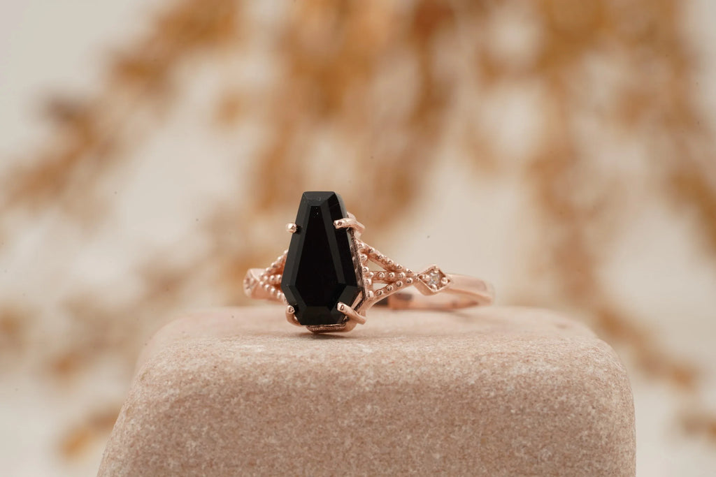 Coffin Shape Black Onyx Engagement Ring Gold Vermeil Ring - MinimalistJewels