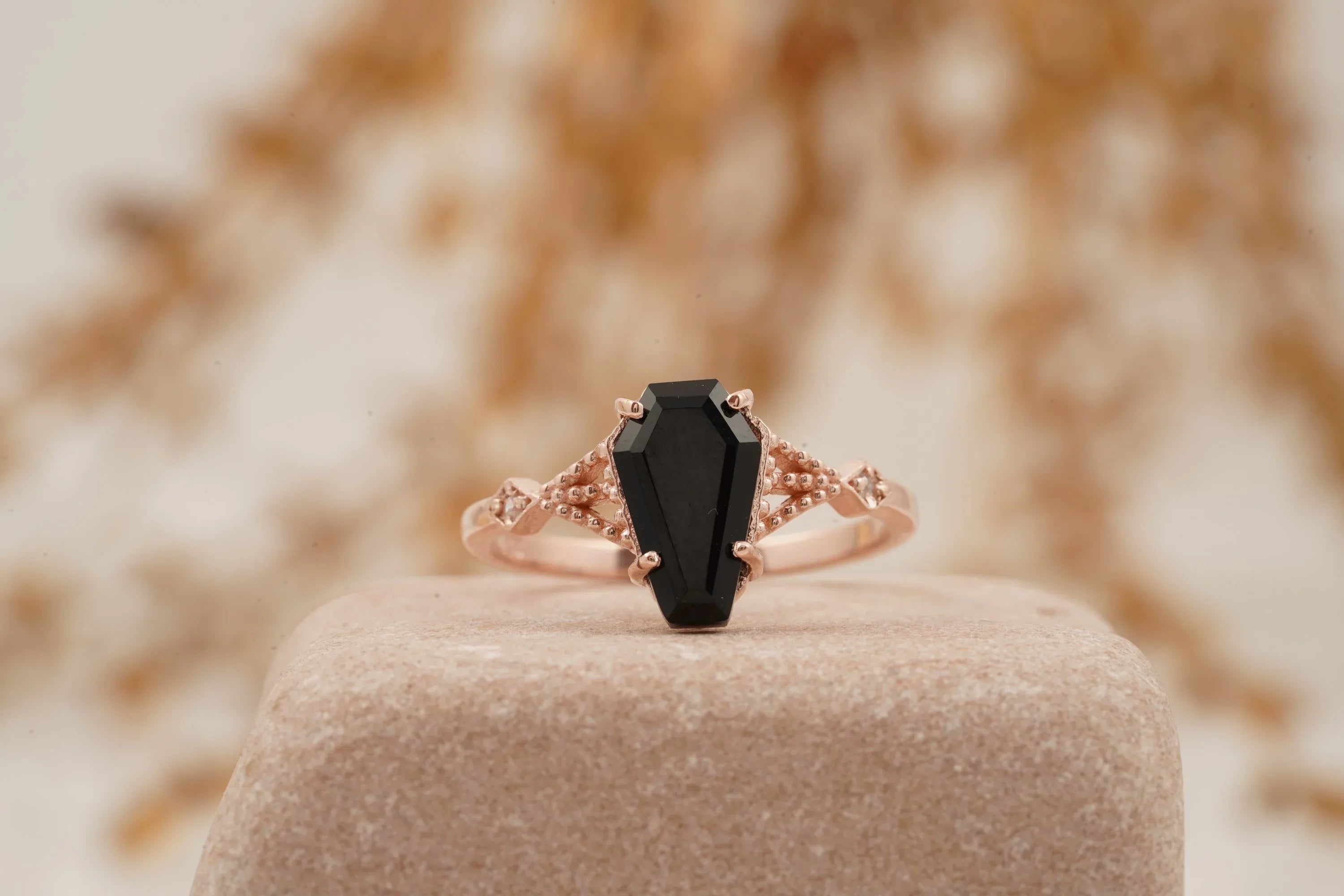Coffin Shape Black Onyx Engagement Ring Gold Vermeil Ring - MinimalistJewels