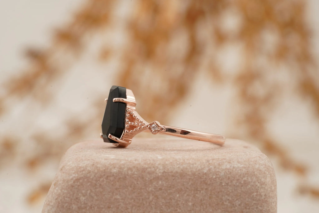 Coffin Shape Black Onyx Engagement Ring Gold Vermeil Ring - MinimalistJewels