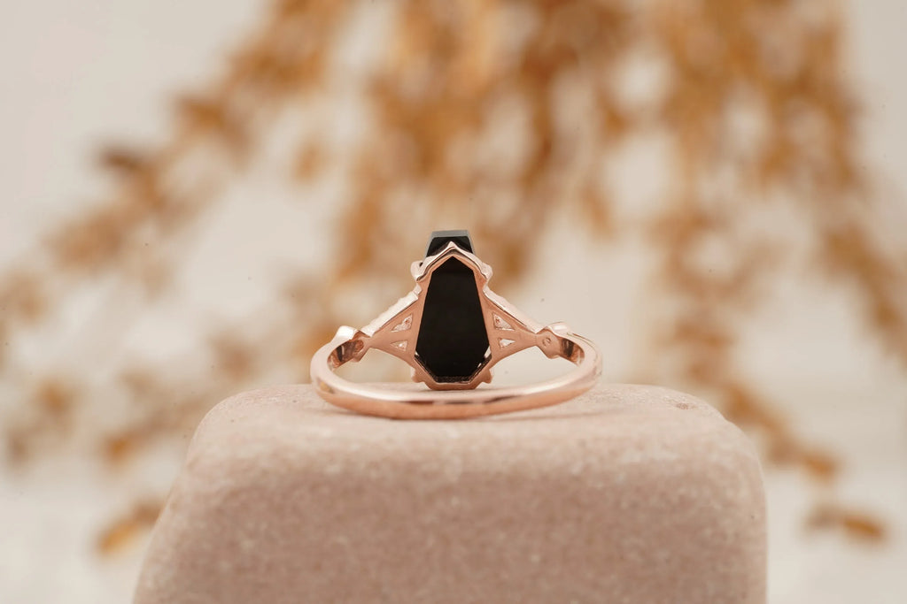 Coffin Shape Black Onyx Engagement Ring Gold Vermeil Ring - MinimalistJewels