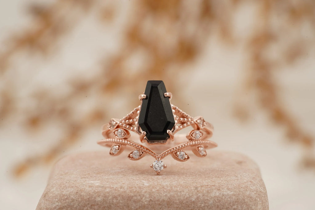 Coffin Shape Black Onyx Engagement Ring Set Curved Stacking Band - MinimalistJewels