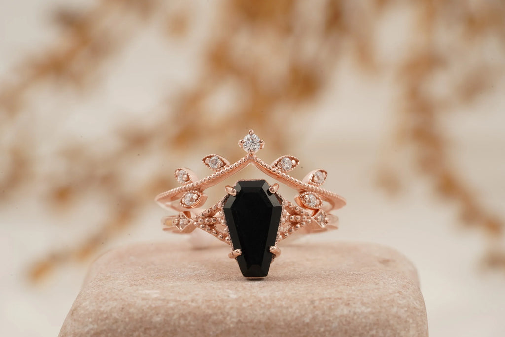 Coffin Shape Black Onyx Engagement Ring Set Curved Stacking Band - MinimalistJewels