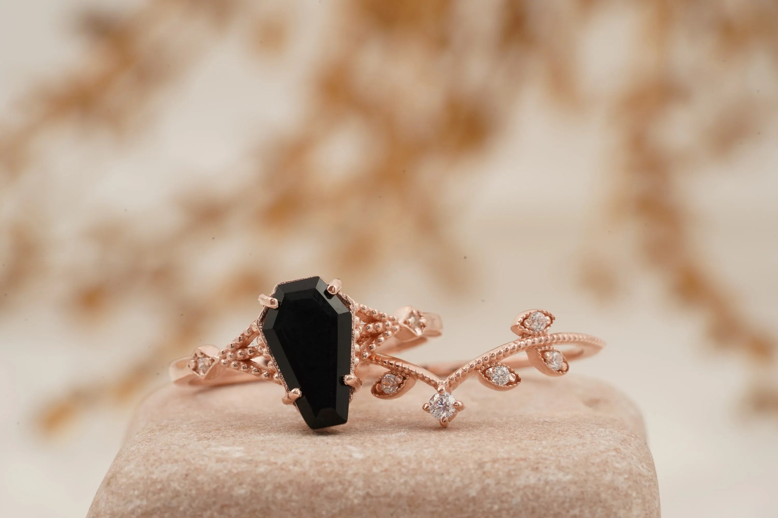 Coffin Shape Black Onyx Engagement Ring Set Curved Stacking Band - MinimalistJewels