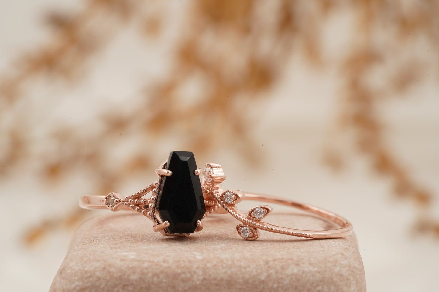 Coffin Shape Black Onyx Engagement Ring Set Curved Stacking Band