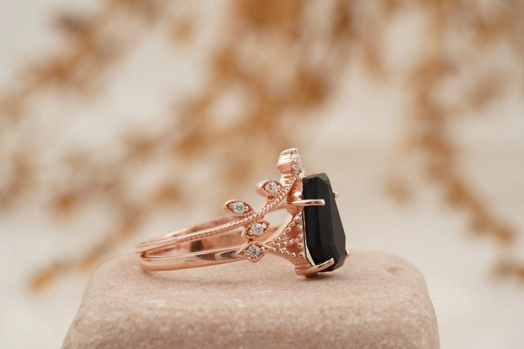 Coffin Shape Black Onyx Engagement Ring Set Curved Stacking Band - MinimalistJewels