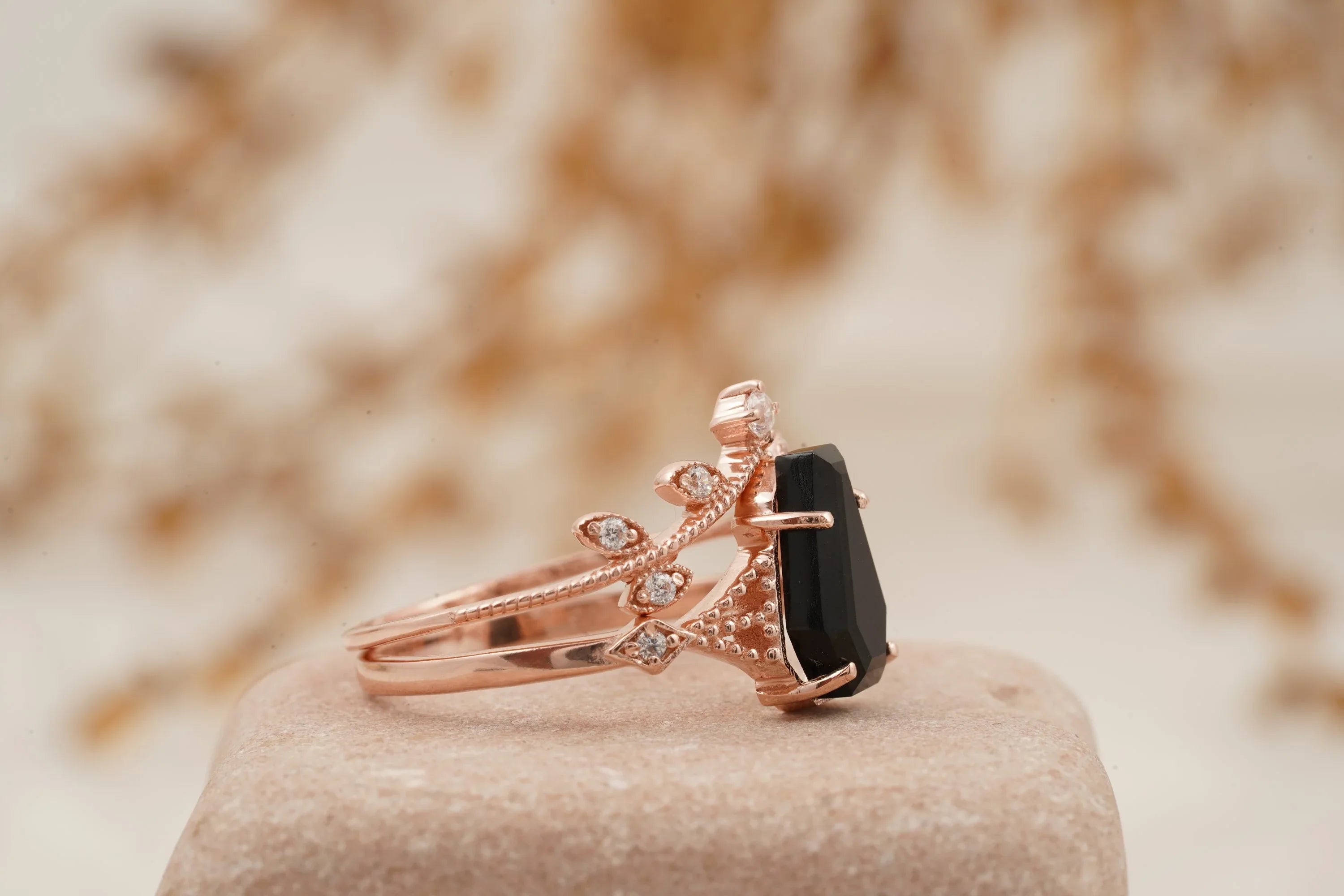 Coffin Shape Black Onyx Engagement Ring Set Curved Stacking Band - MinimalistJewels