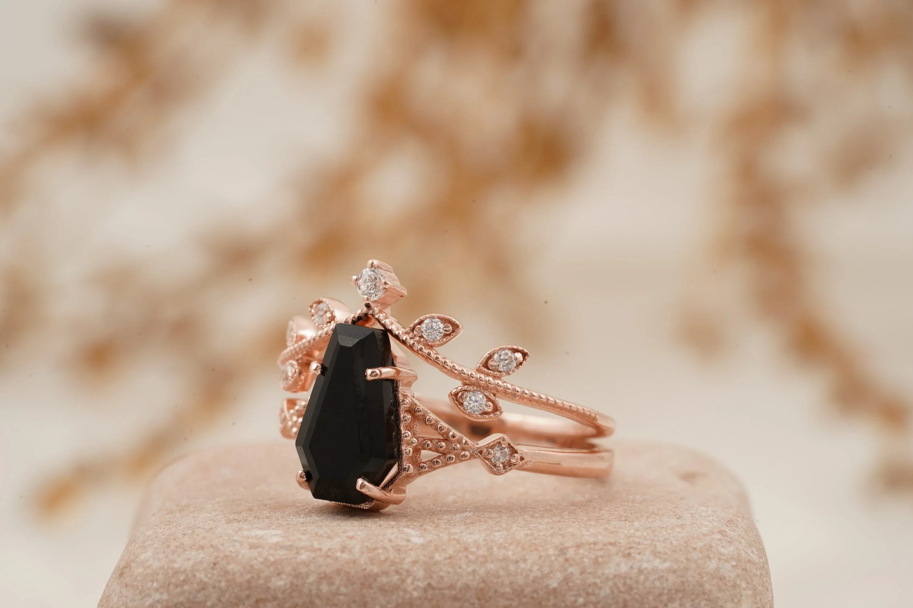 Coffin Shape Black Onyx Engagement Ring Set Curved Stacking Band - MinimalistJewels