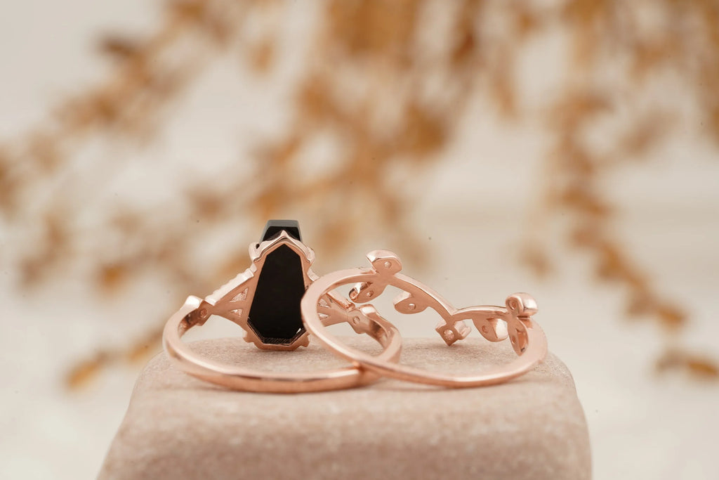 Coffin Shape Black Onyx Engagement Ring Set Curved Stacking Band - MinimalistJewels