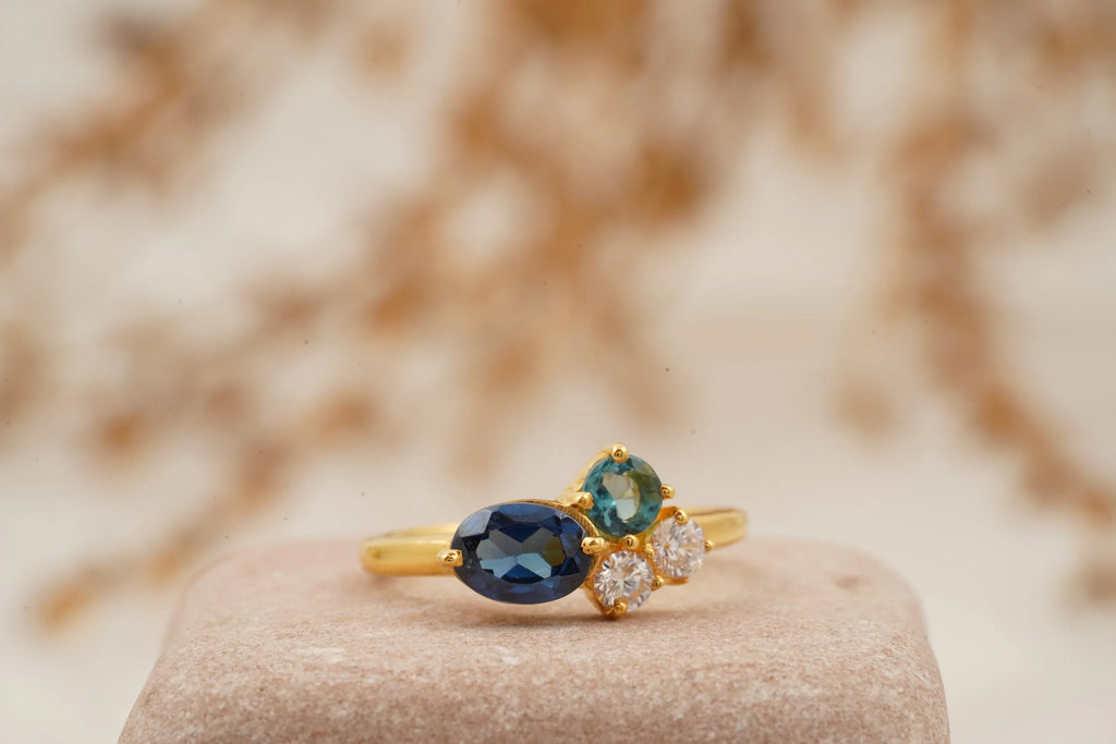 Cluster Sapphire Multi-Stone Stacking 14K Yellow Gold Ring - MinimalistJewels