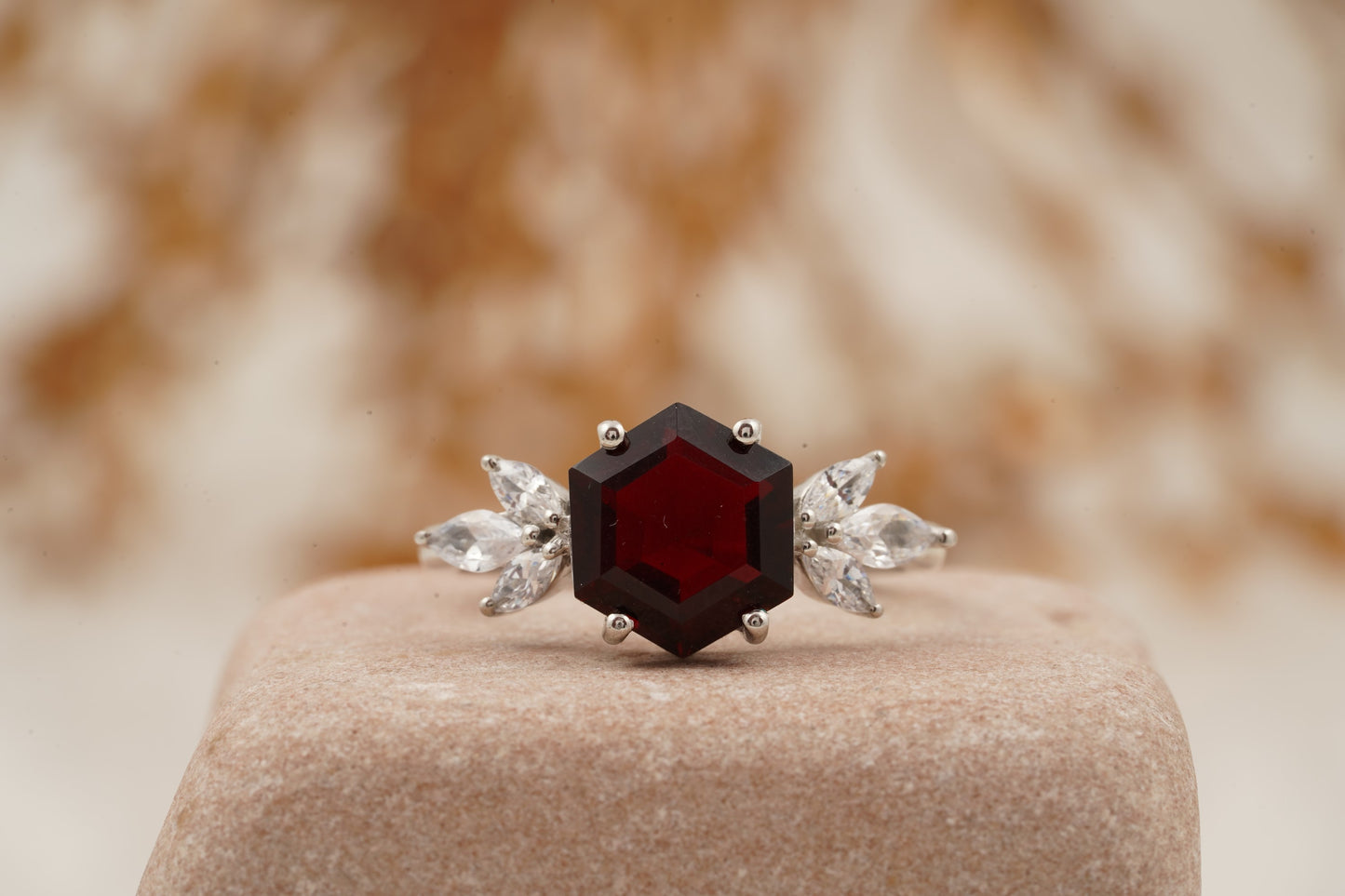 Hexagon Cut Red Garnet Marquise Cut Cluster Engagement Ring