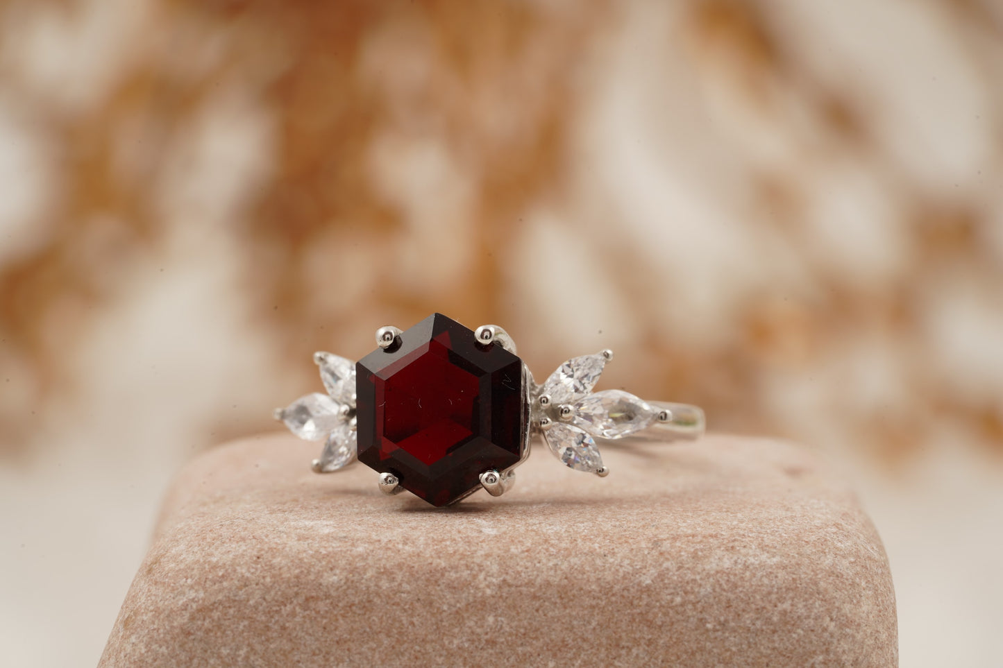 Hexagon Cut Red Garnet Marquise Cut Cluster Engagement Ring