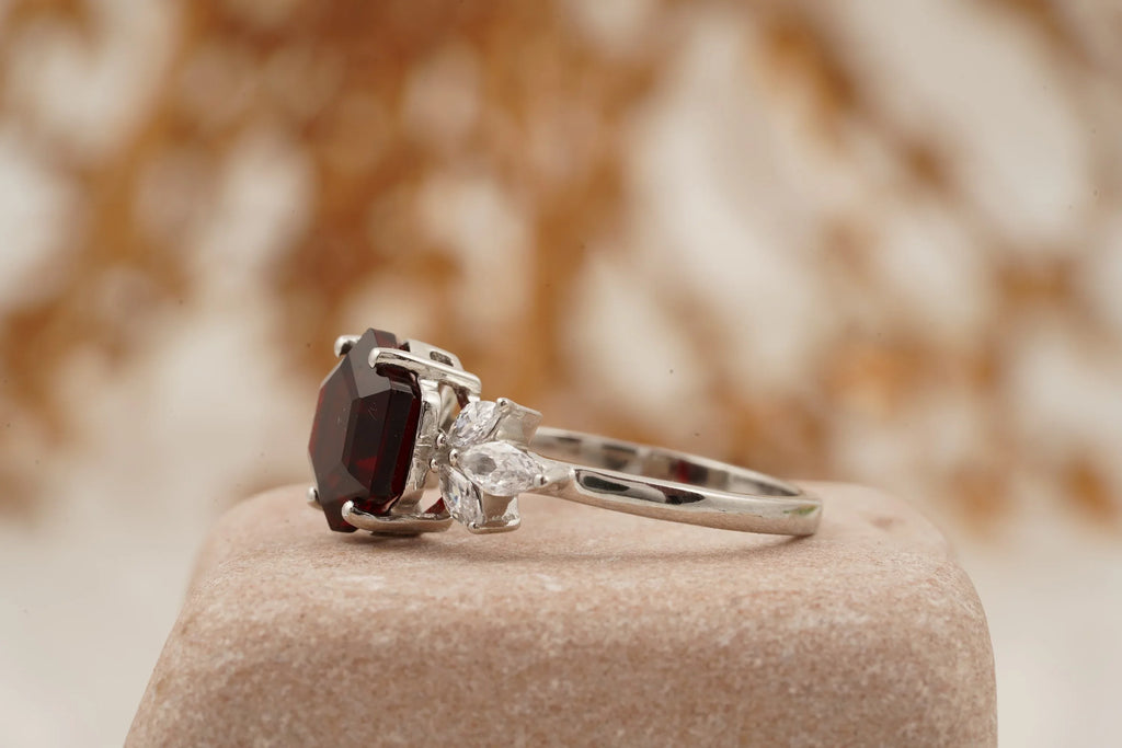Hexagon Cut Red Garnet Marquise Cut Cluster Engagement Ring - MinimalistJewels