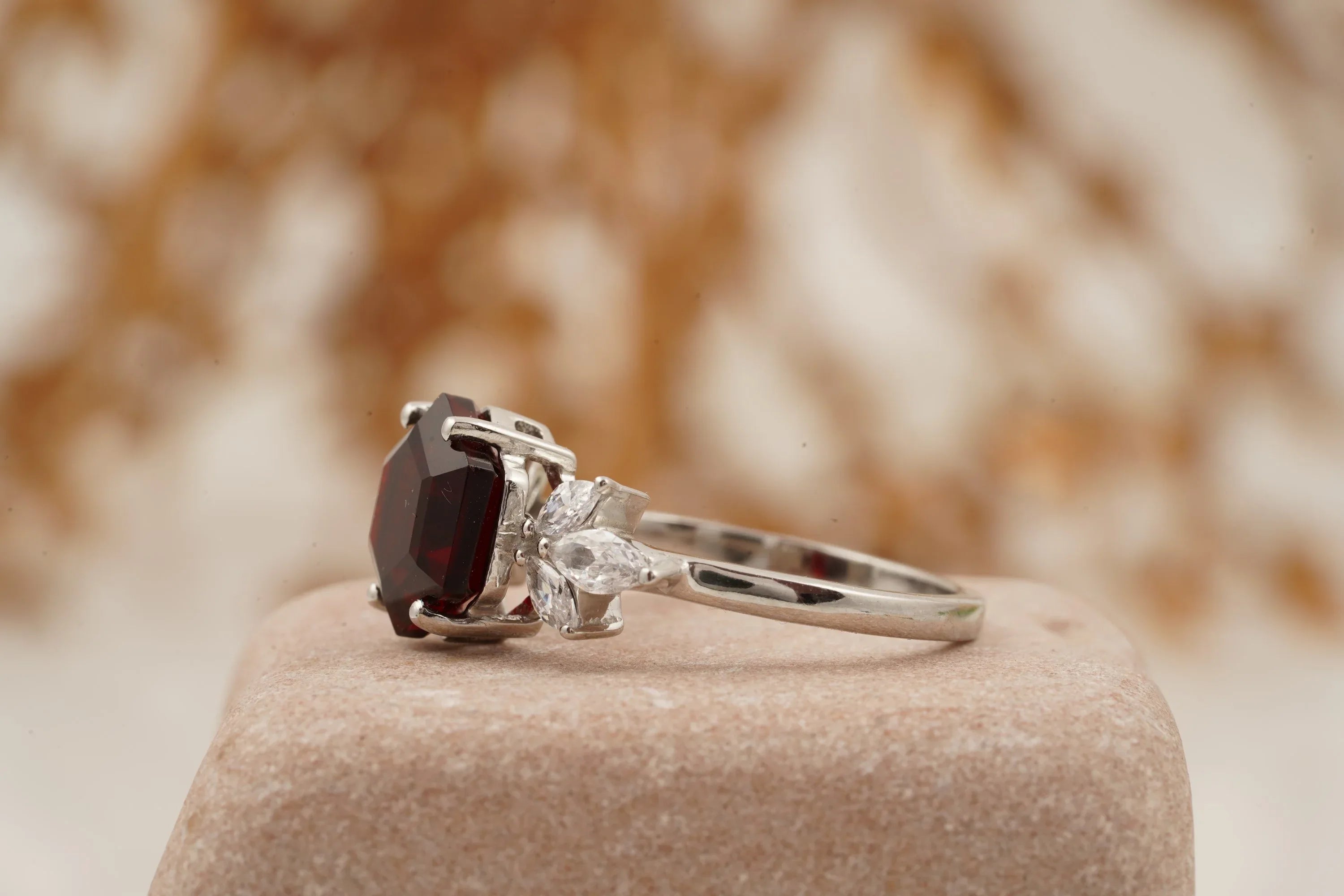 Hexagon Cut Red Garnet Marquise Cut Cluster Engagement Ring - MinimalistJewels