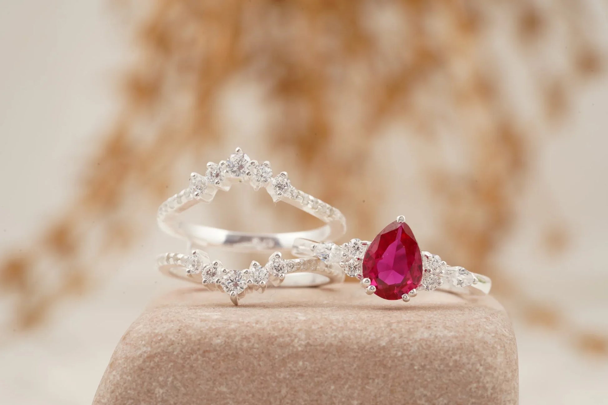 Pear Ruby Cluster Ring with Moissanite Enhancer wedding band