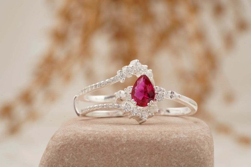 Pear Ruby Cluster Ring with Moissanite Enhancer wedding band - MinimalistJewels