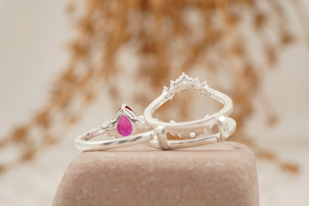 Pear Ruby Cluster Ring with Moissanite Enhancer wedding band - MinimalistJewels