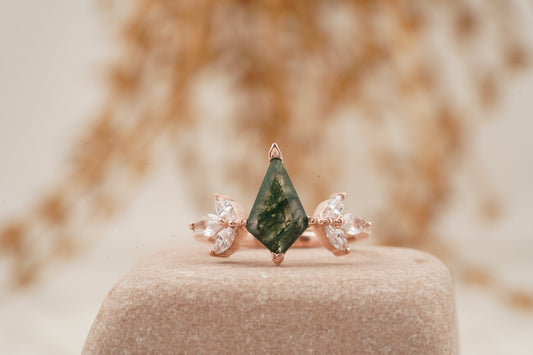 Kite Shaped Moss Agate Marquise Diamond Engagement Ring