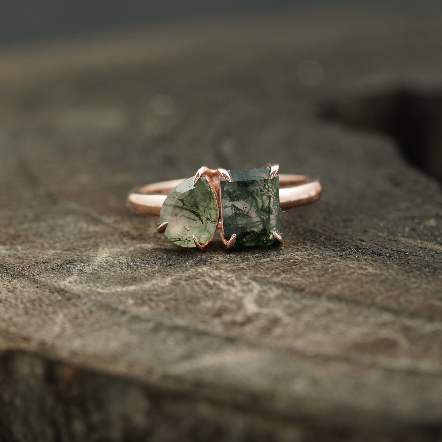 Toi et moi moss agate emerald ring