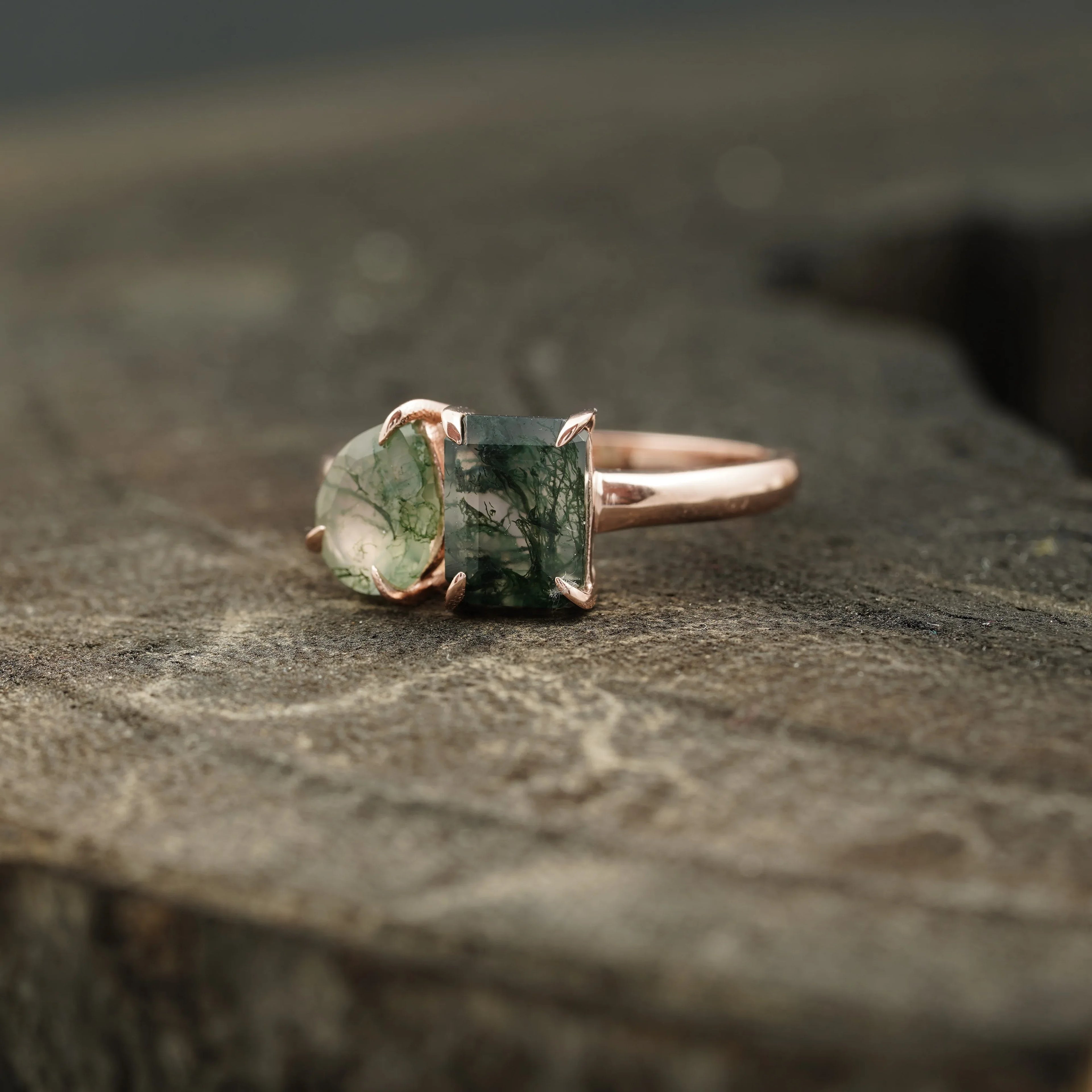 Toi Et Moi Moss Agate Emerald & Pear Cut Ring - MinimalistJewels