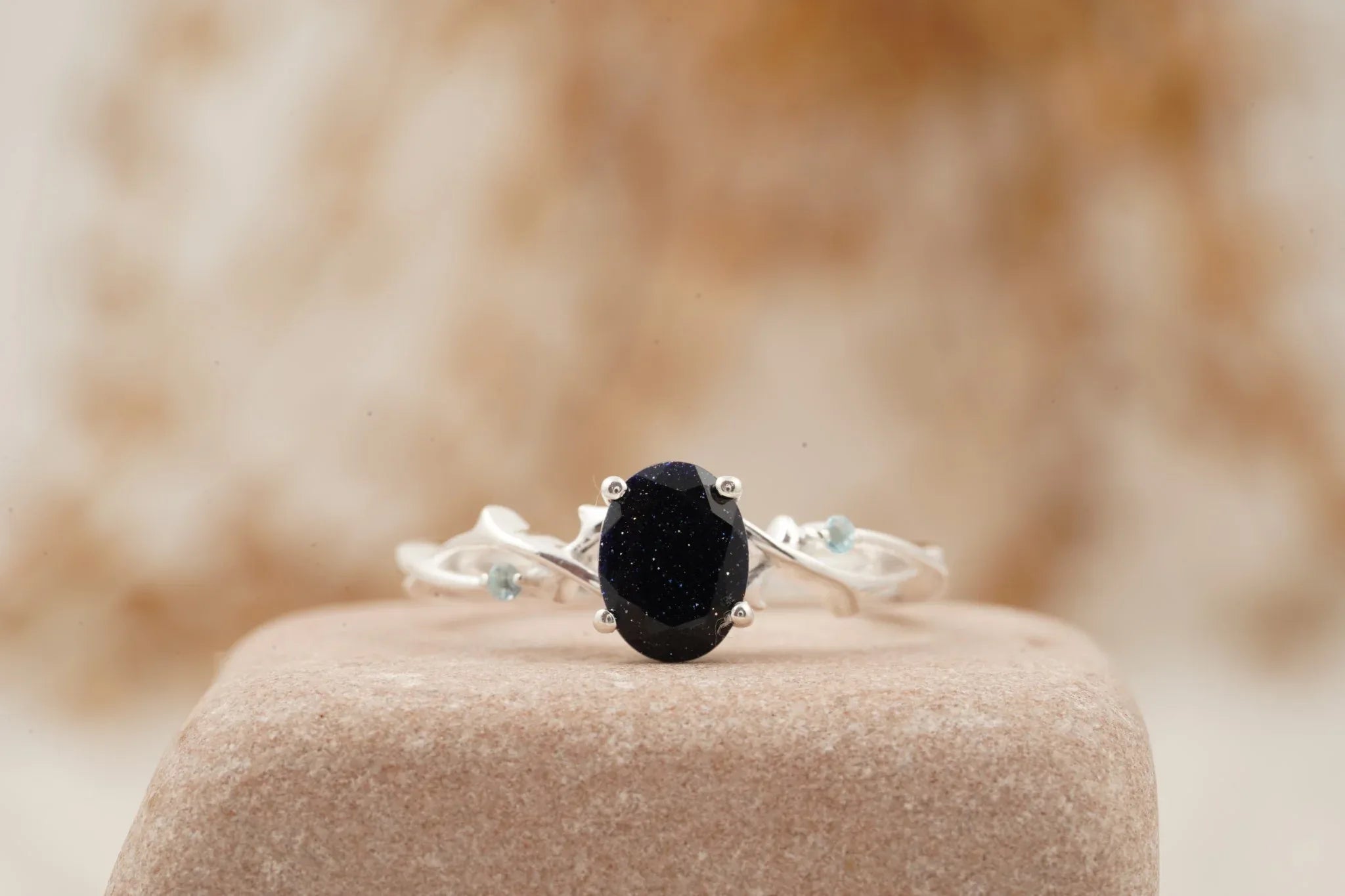 Oval Galaxy Sandstone Twig Engagement Ring - MinimalistJewels