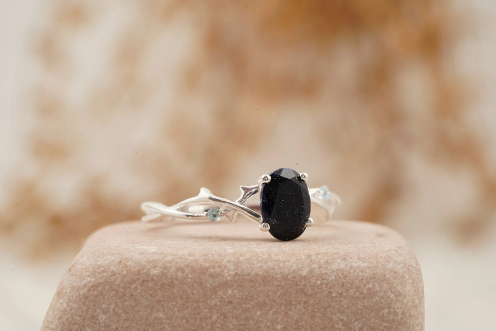 Oval Galaxy Sandstone Twig Engagement Ring - MinimalistJewels