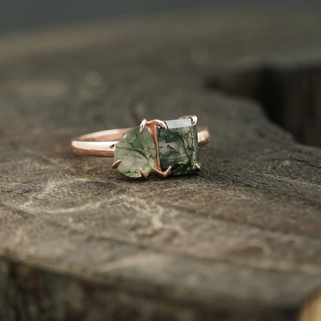 Toi Et Moi Moss Agate Emerald & Pear Cut Ring - MinimalistJewels