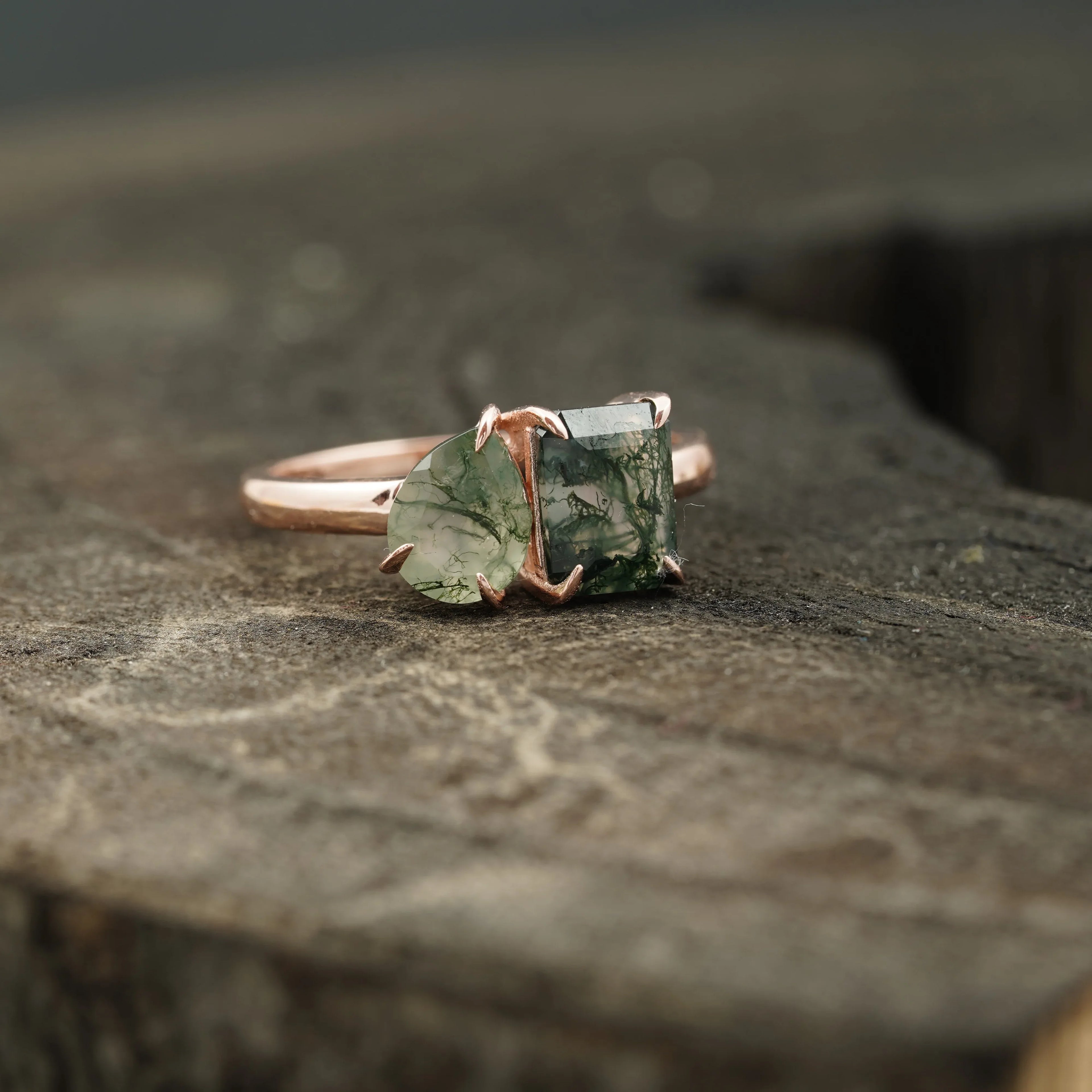 Toi Et Moi Moss Agate Emerald & Pear Cut Ring - MinimalistJewels