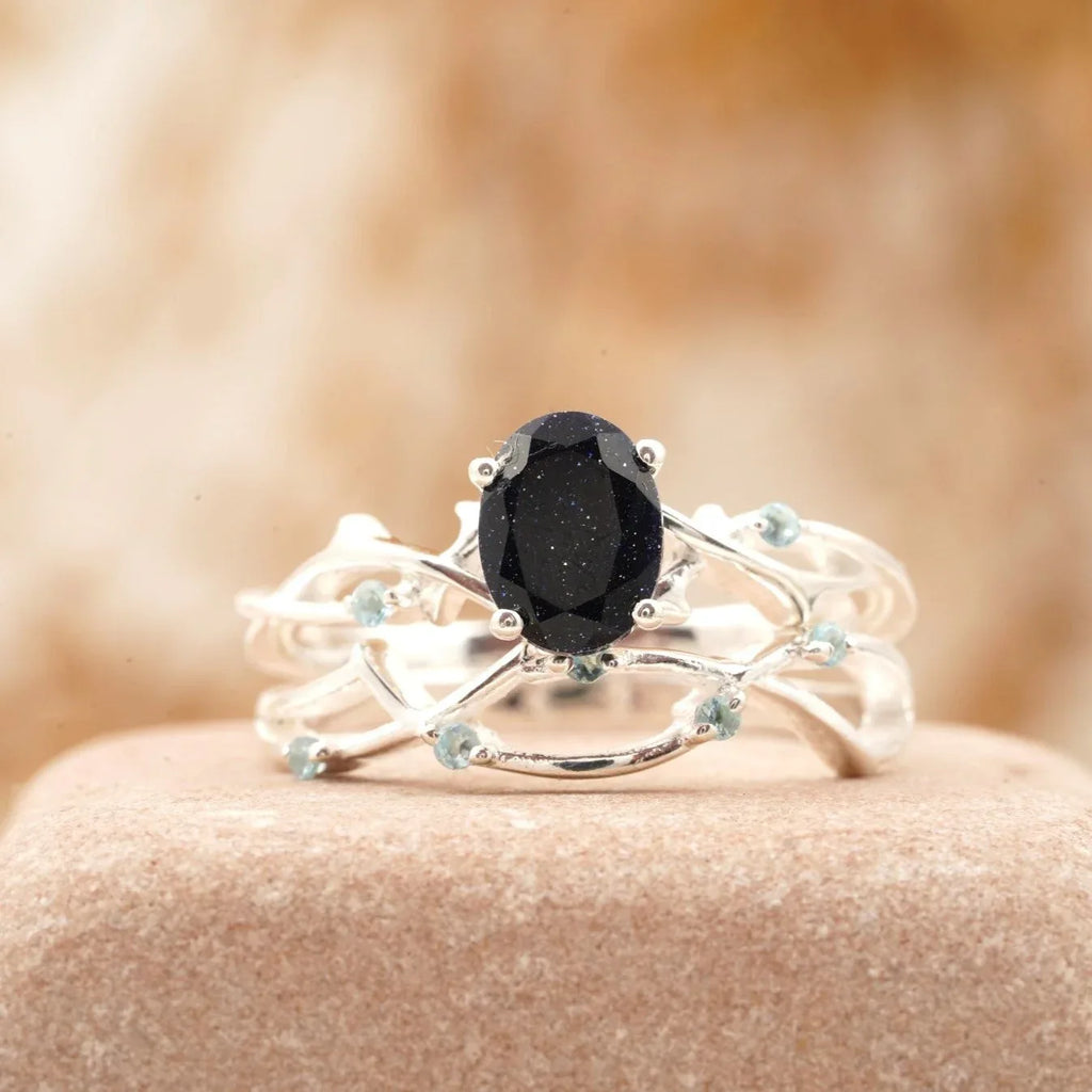Oval Blue Sandstone Engagement Ring Women - MinimalistJewels