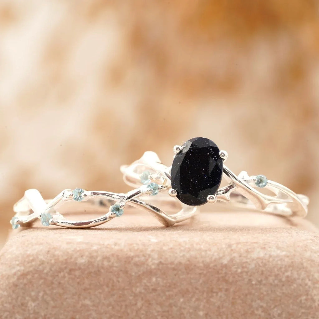 Oval Blue Sandstone Engagement Ring Women - MinimalistJewels