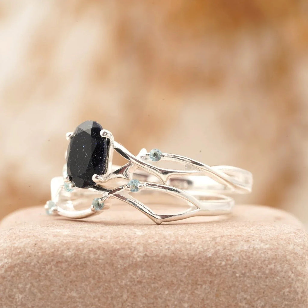 Oval Blue Sandstone Engagement Ring Women - MinimalistJewels