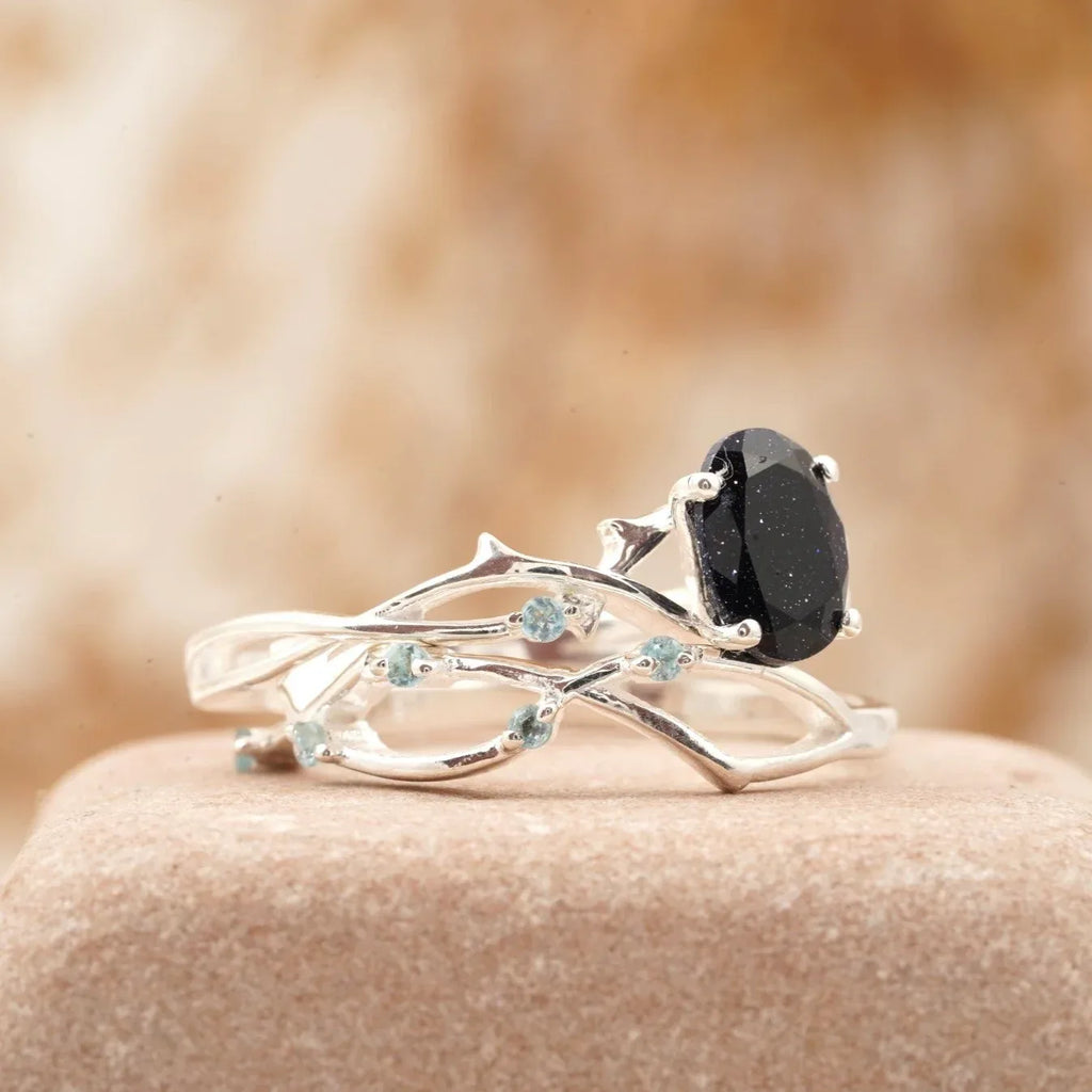 Oval Blue Sandstone Engagement Ring Women - MinimalistJewels