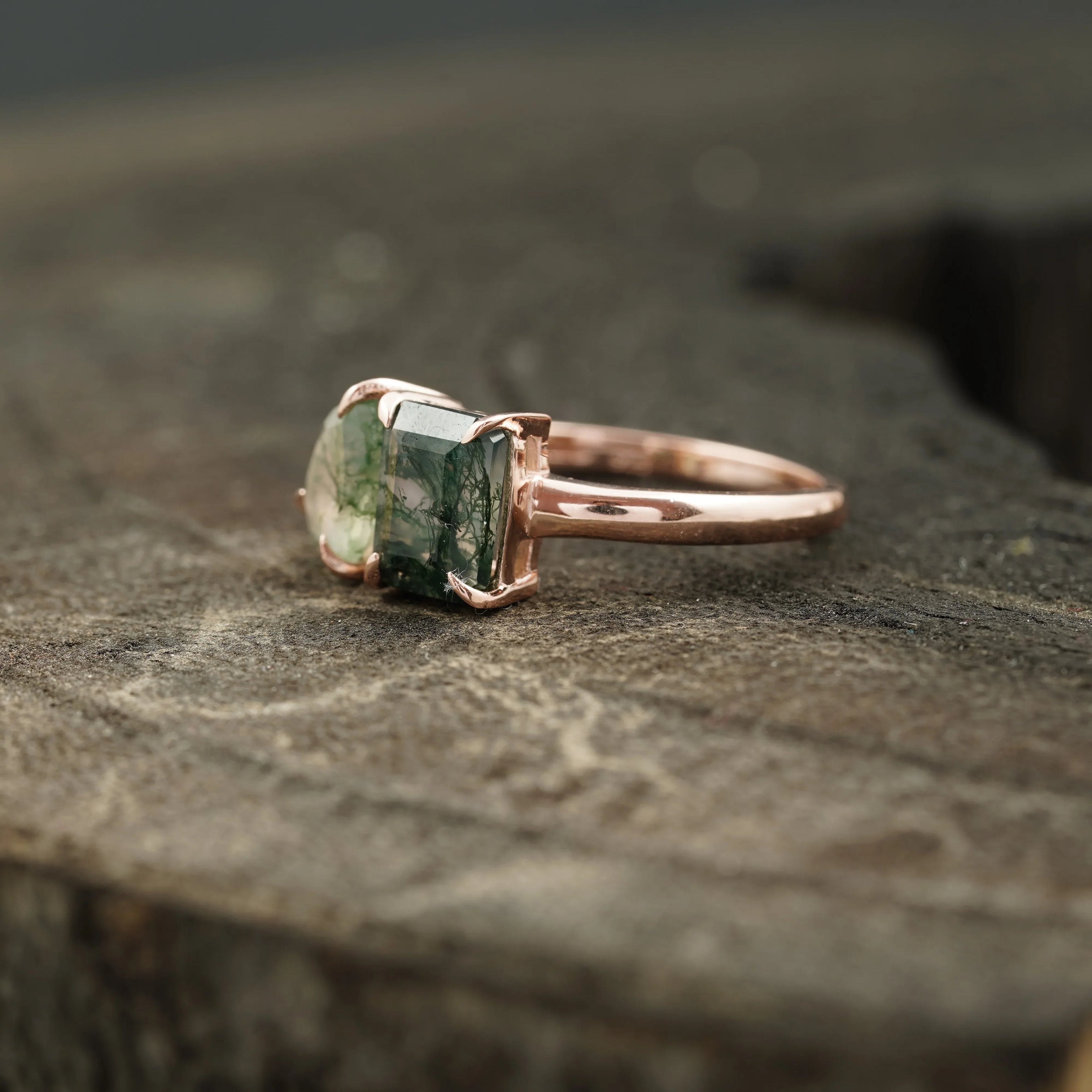 Toi Et Moi Moss Agate Emerald & Pear Cut Ring - MinimalistJewels