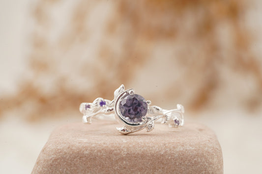 Round Alexandrite Color-Change Stone Moon Star Leaf Amethyst Engagement Ring