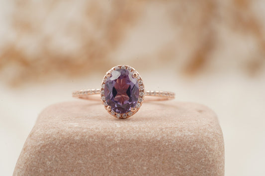 Oval Alexandrite Color-Change Stone 14K Rose Gold Halo Diamond Engagement Ring