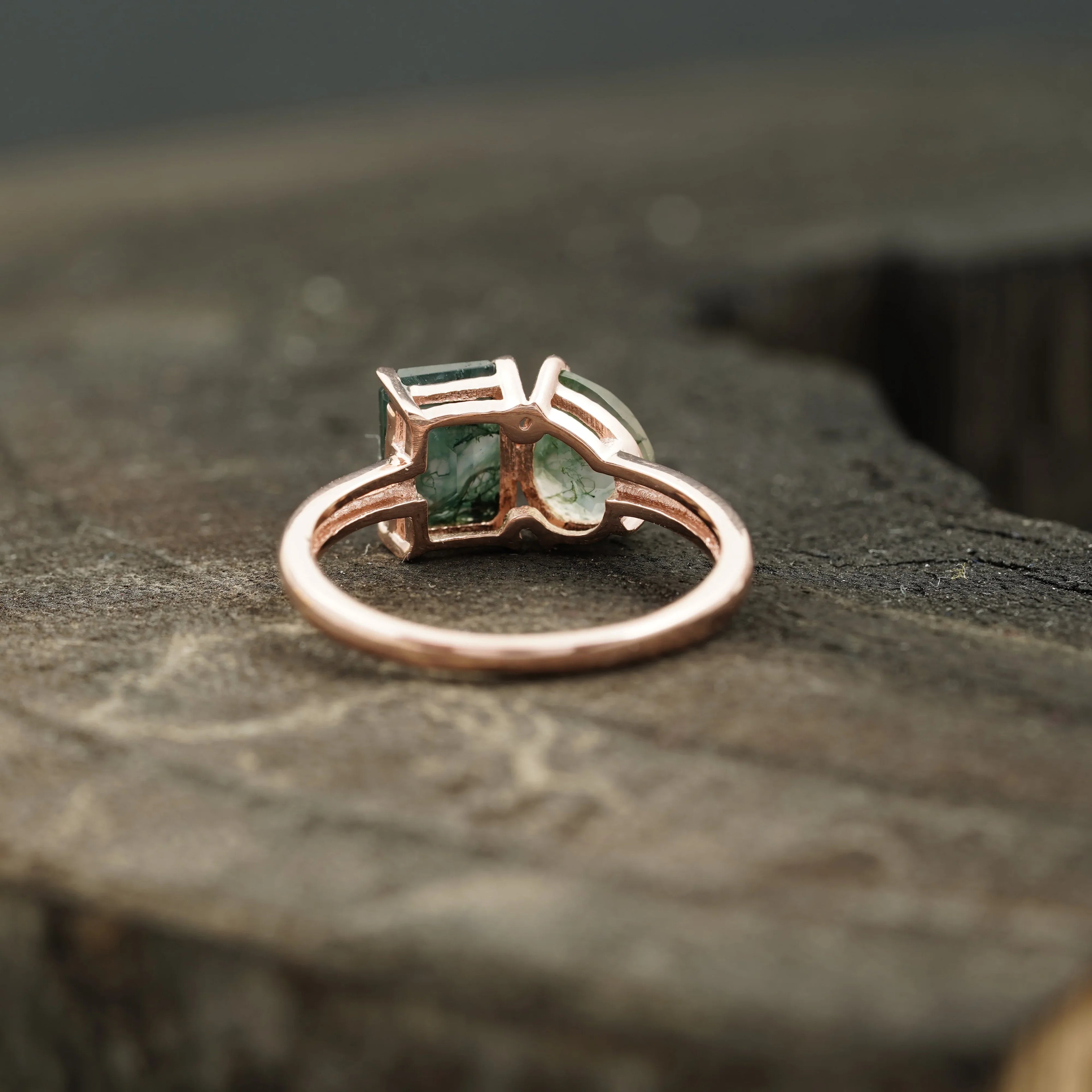 Toi Et Moi Moss Agate Emerald & Pear Cut Ring - MinimalistJewels