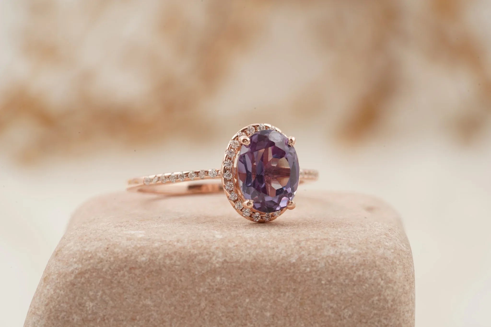 Oval Alexandrite Color-Change Stone 14K Rose Gold Halo Diamond Engagement Ring - MinimalistJewels
