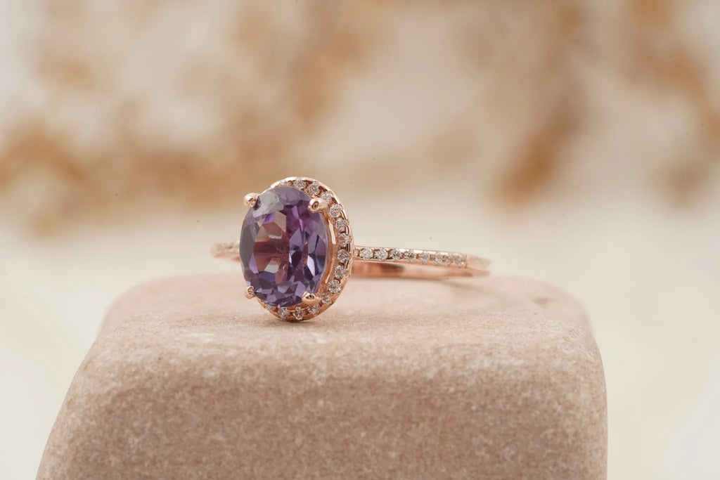 Oval Alexandrite Color-Change Stone 14K Rose Gold Halo Diamond Engagement Ring - MinimalistJewels