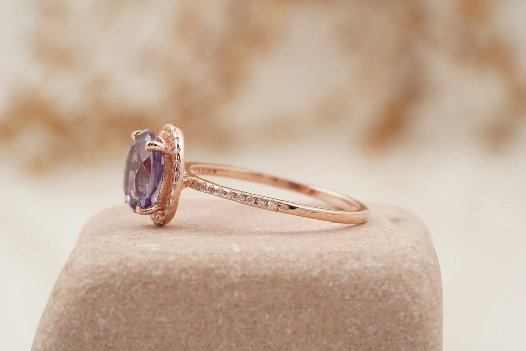 Oval Alexandrite Color-Change Stone 14K Rose Gold Halo Diamond Engagement Ring - MinimalistJewels