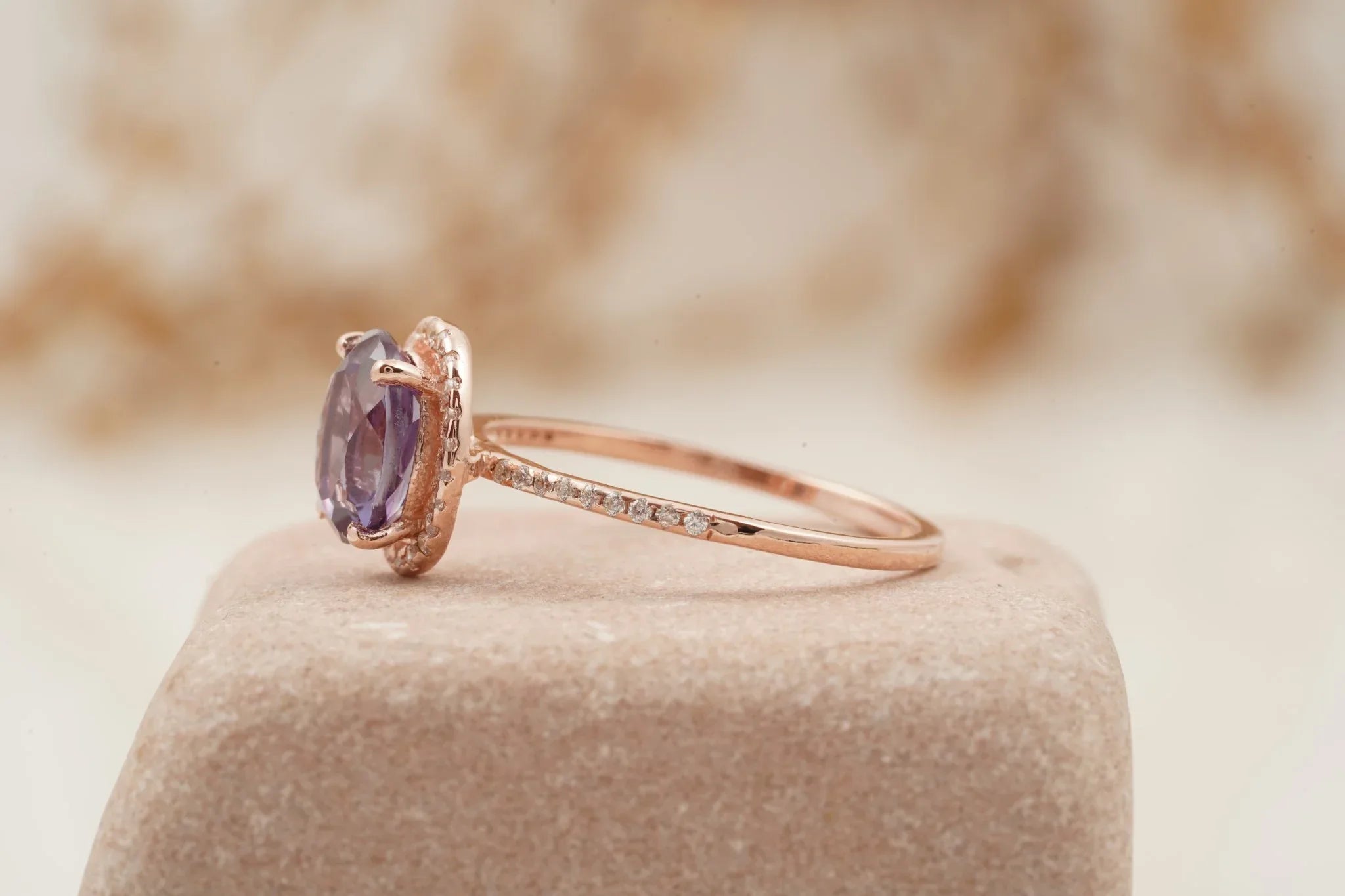Oval Alexandrite Color-Change Stone 14K Rose Gold Halo Diamond Engagement Ring - MinimalistJewels