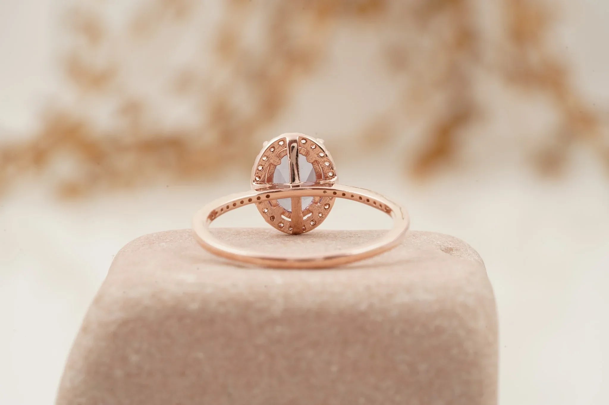 Oval Alexandrite Color-Change Stone 14K Rose Gold Halo Diamond Engagement Ring - MinimalistJewels