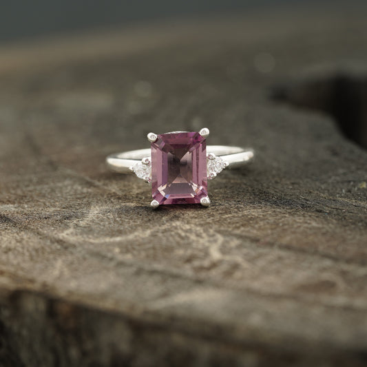 Emerald cut pink tourmaline ring