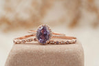Oval Cut Alexandrite Engagement Ring 3pcs Set Halo Diamond Band - MinimalistJewels