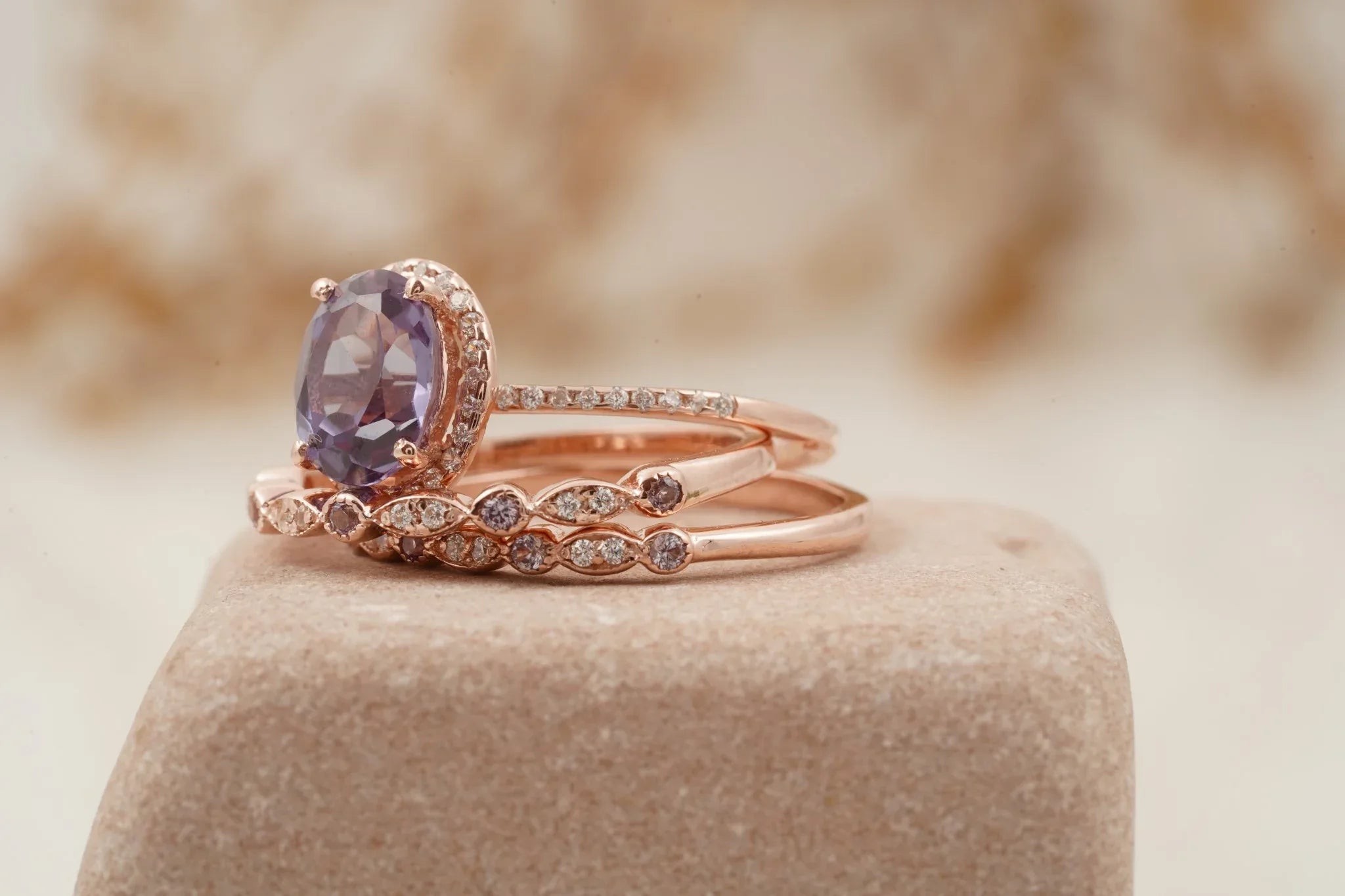 Oval Cut Alexandrite Engagement Ring 3pcs Set Halo Diamond Band - MinimalistJewels