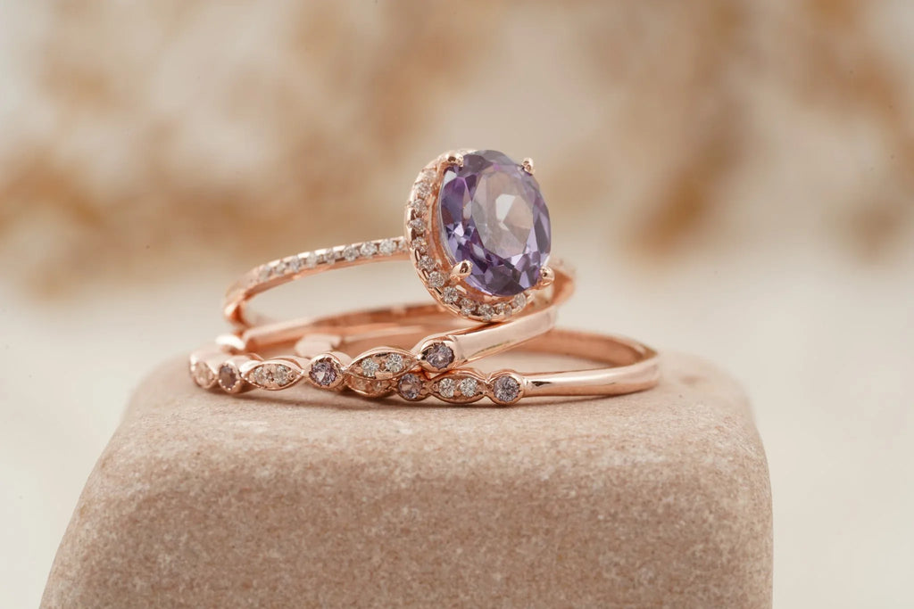 Oval Cut Alexandrite Engagement Ring 3pcs Set Halo Diamond Band - MinimalistJewels