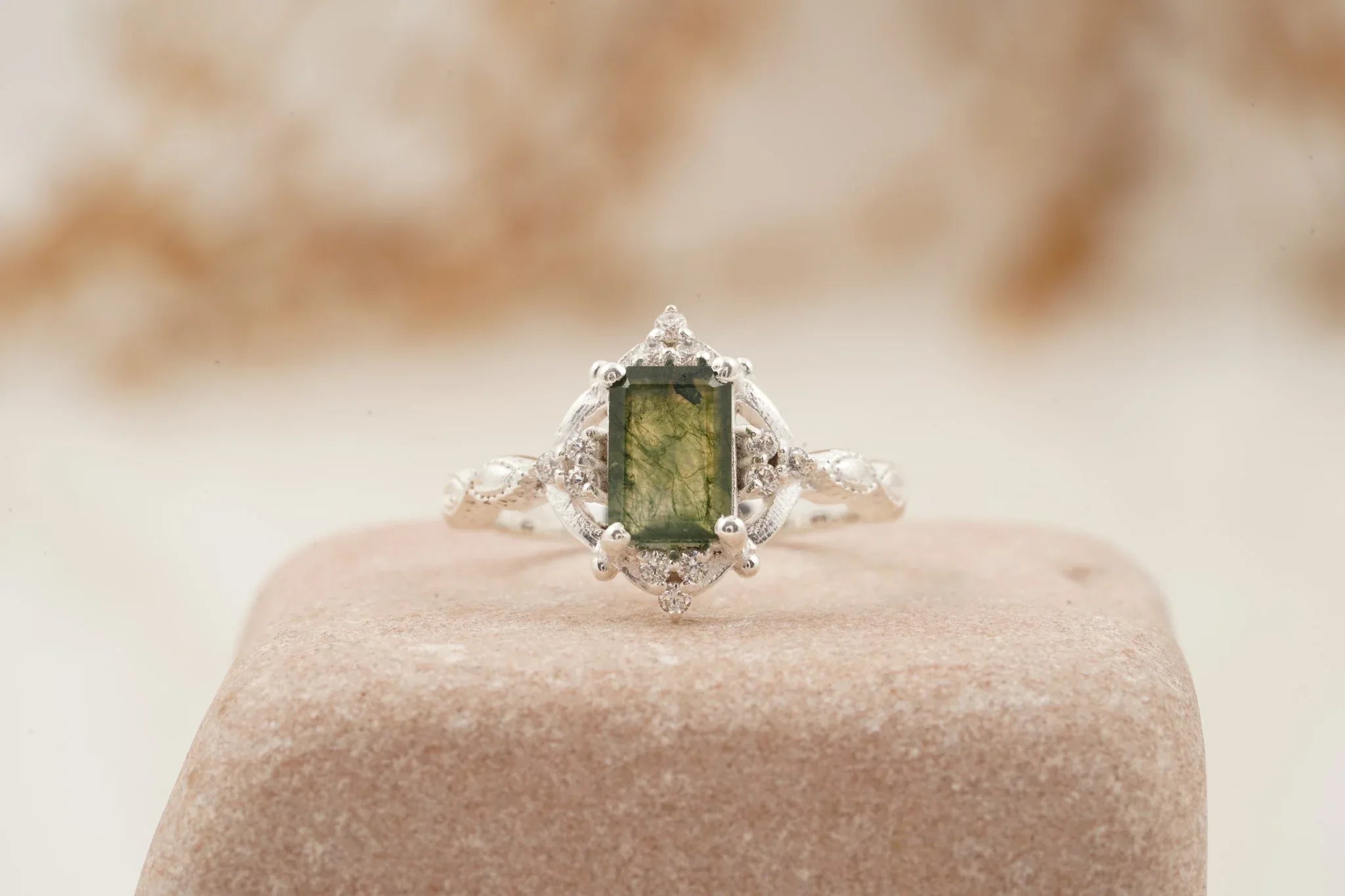 Vintage Emerald Cut Moss Agate Moissanite Engagement Ring - MinimalistJewels