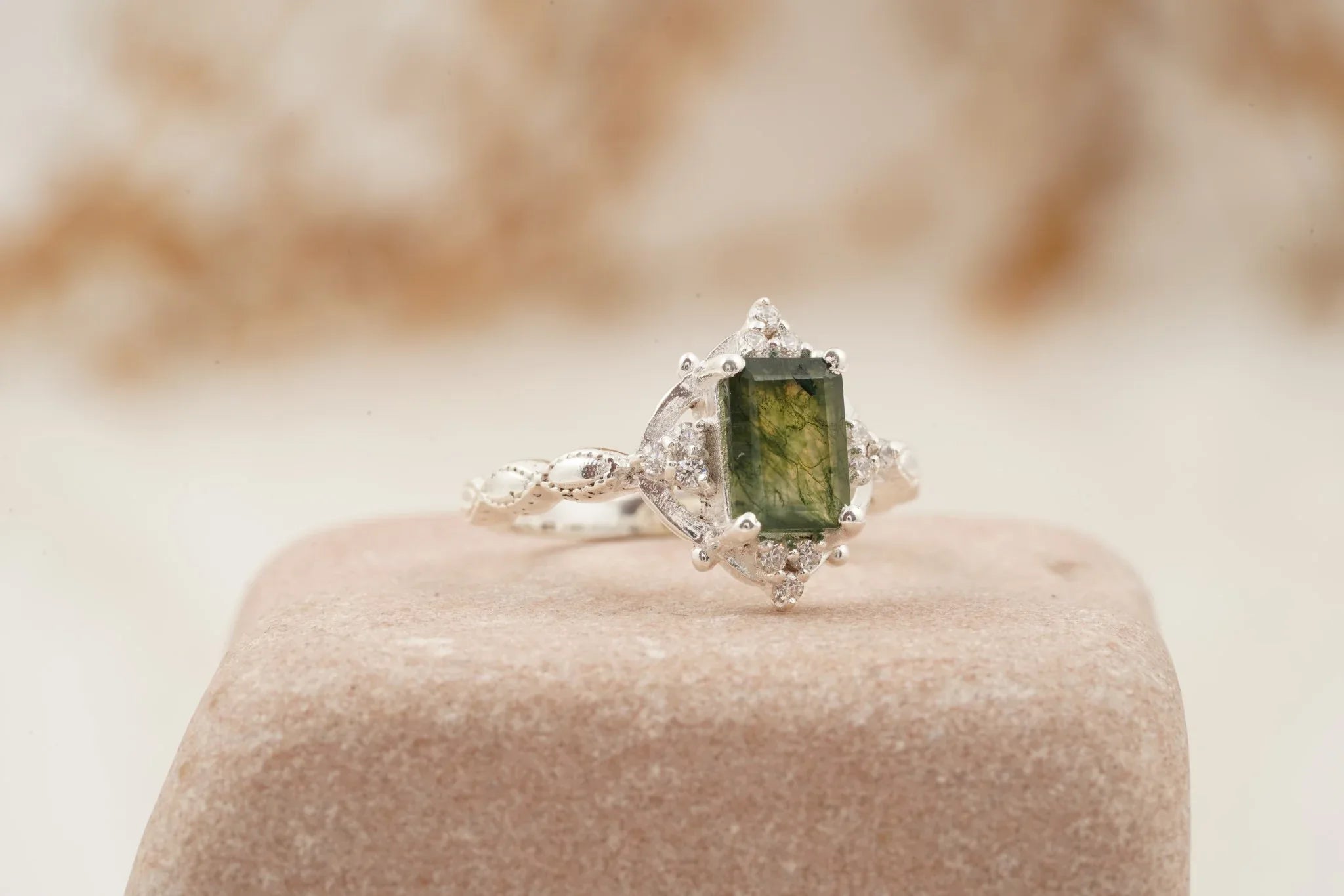 Vintage Emerald Cut Moss Agate Moissanite Engagement Ring - MinimalistJewels