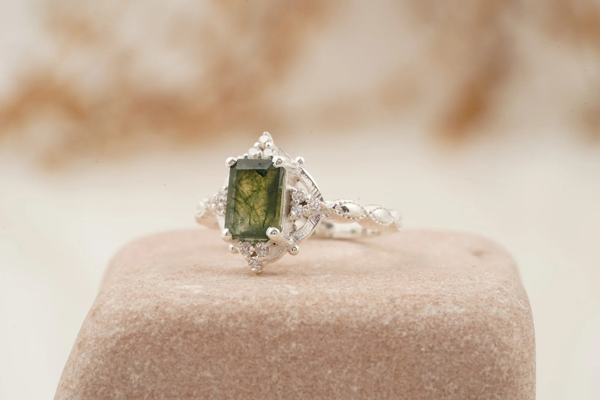 Vintage Emerald Cut Moss Agate Moissanite Engagement Ring - MinimalistJewels